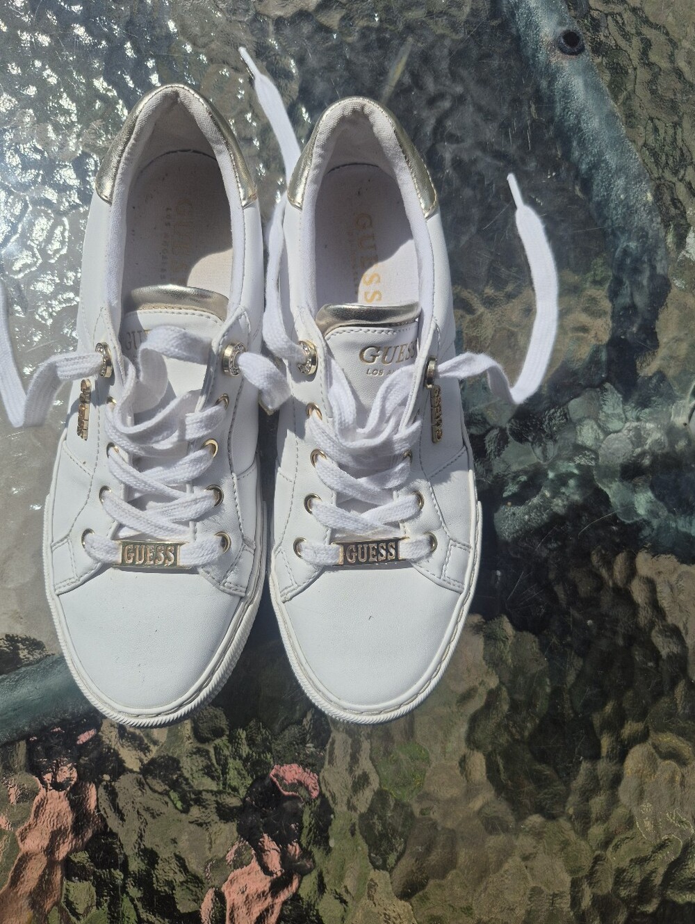GUESS White and Gold Women's Lace-Up Sneakers
